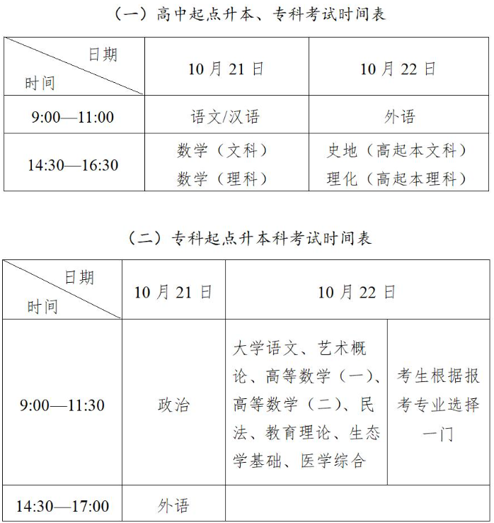 成人高考考試是什么時間？