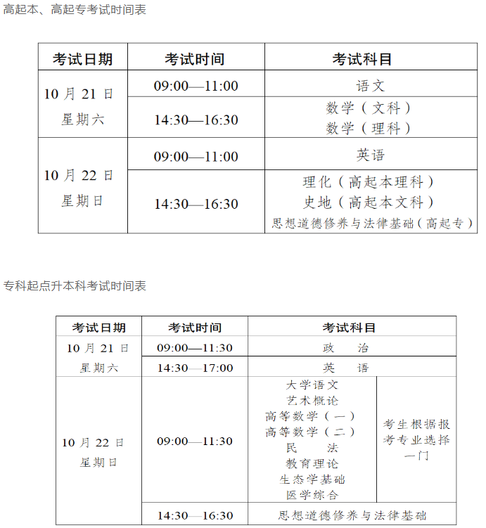 云南成人高考考試時間具體時間？
