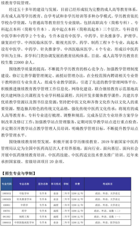 山東中醫藥大學2022年成人高等教育招生簡章