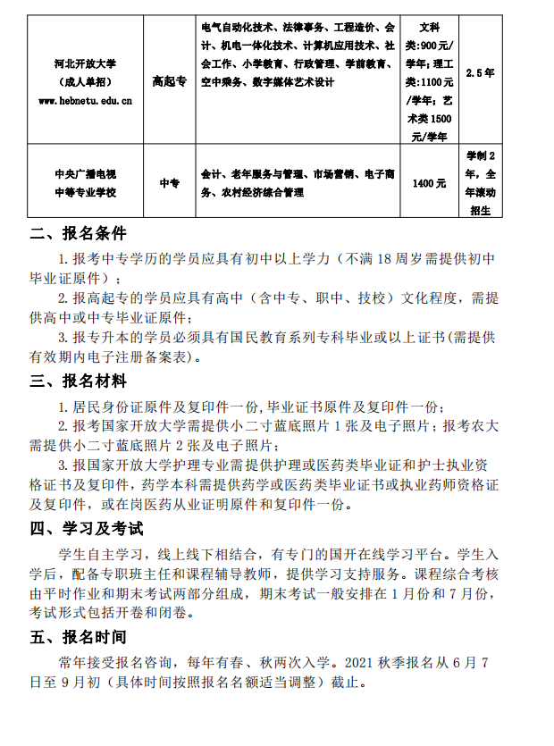 張家口開放大學（尚義校區）2021年秋季招生簡章