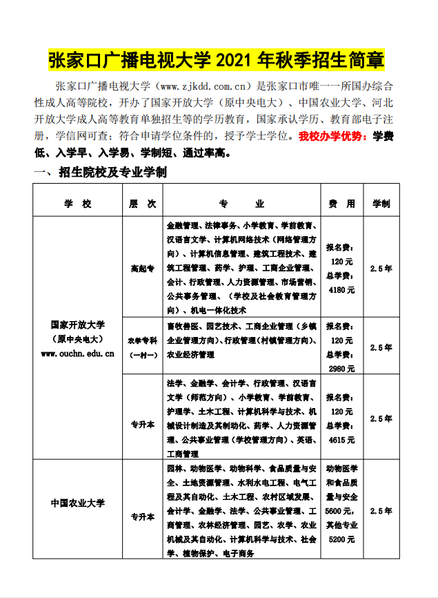 張家口開放大學（尚義校區）2021年秋季招生簡章