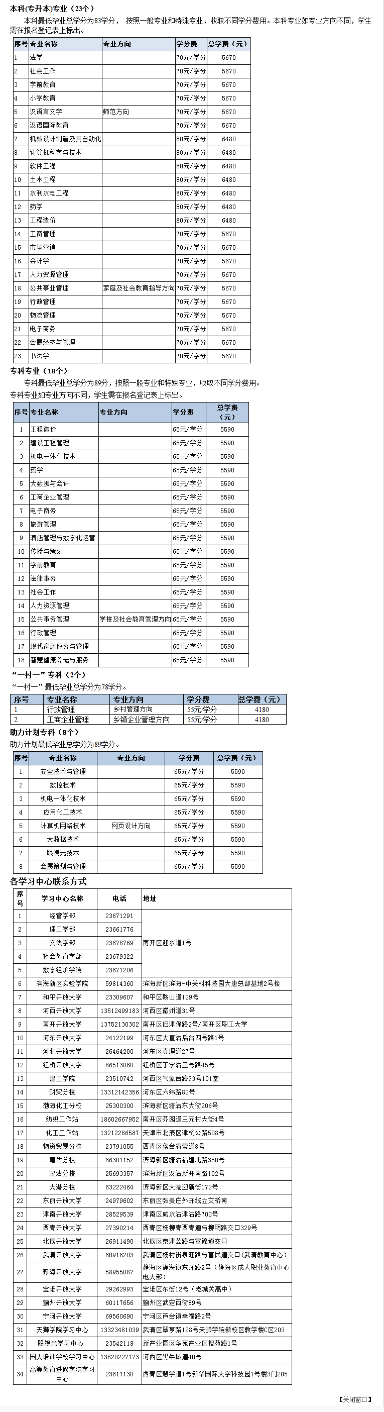 天津開放大學（北辰分校）2023年春季開放教育招生簡章(本科、專科專業全)
