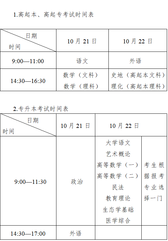 2023年全國成人高考統一考試時間安排表