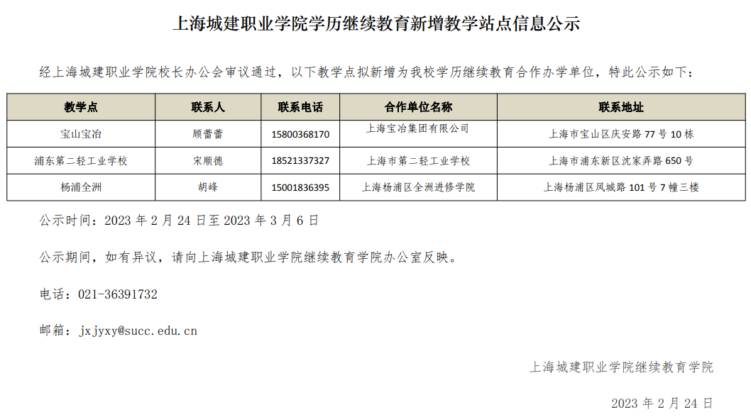 上海城建職業學院學歷繼續教育新增教學站點信息公示