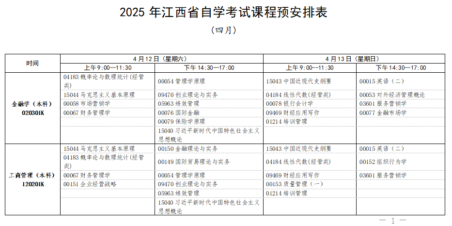 2025年4月江西省自考考試安排