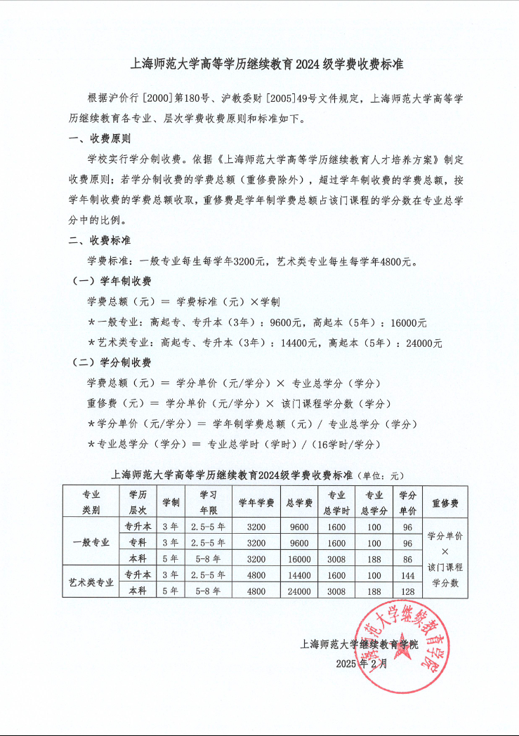 上海師范大學高等學歷繼續教育 2025 級學費收費標準