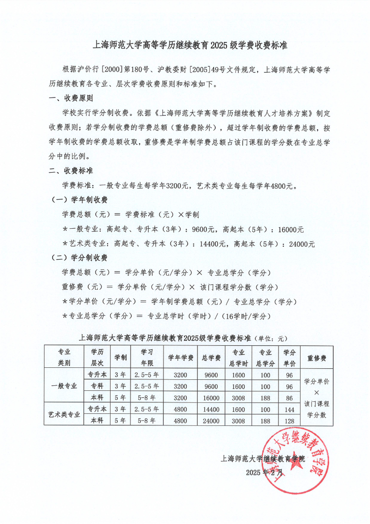 上海師范大學高等學歷繼續教育 2025 級學費收費標準