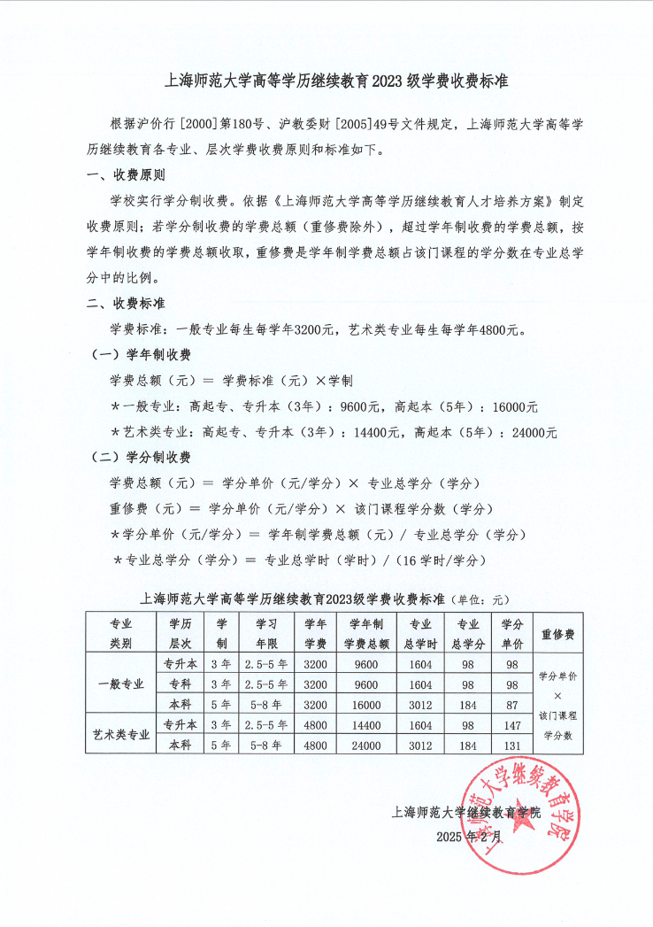 上海師范大學高等學歷繼續教育 2025 級學費收費標準