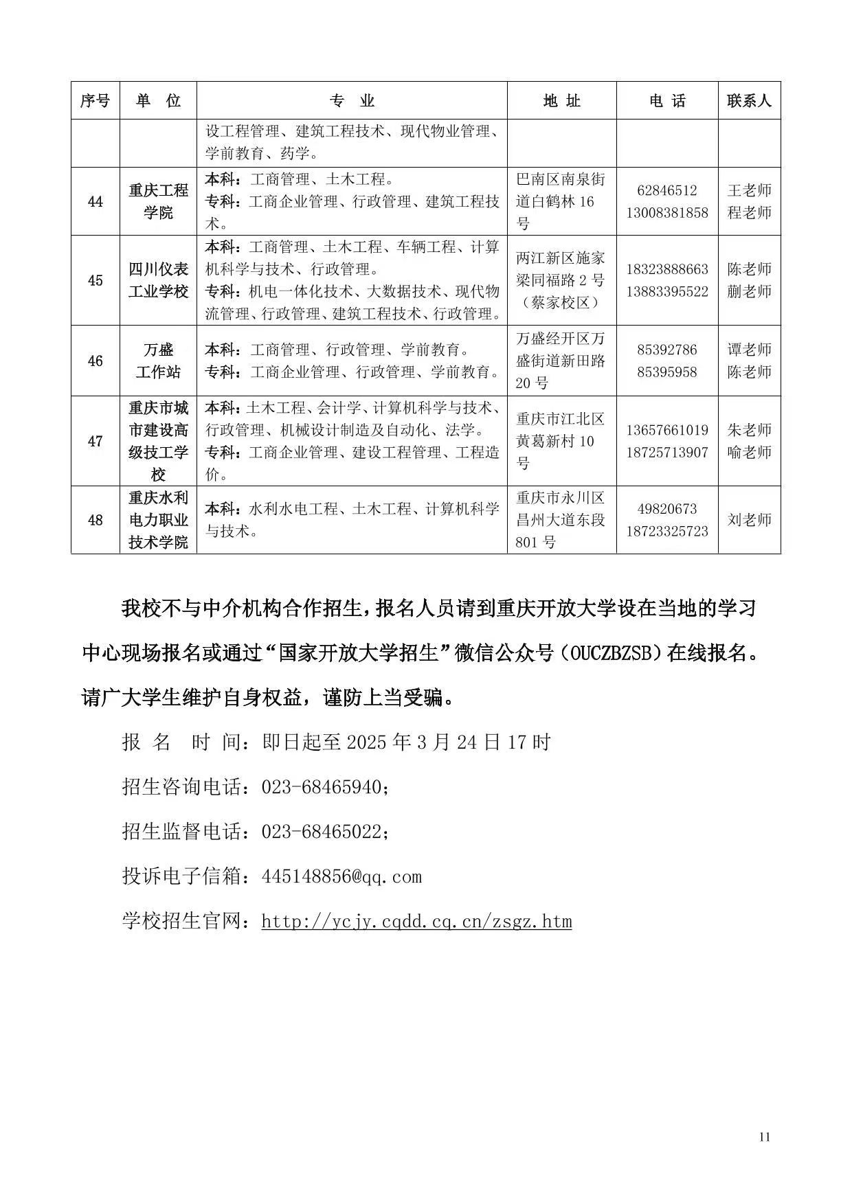 國家開放大學（重慶）重慶開放大學2025年春季學期招生簡章