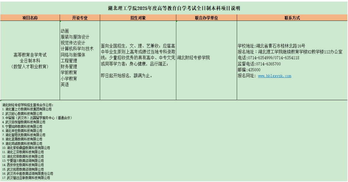 湖北理工學院2025年度高等教育自學考試全日制本科項目說明