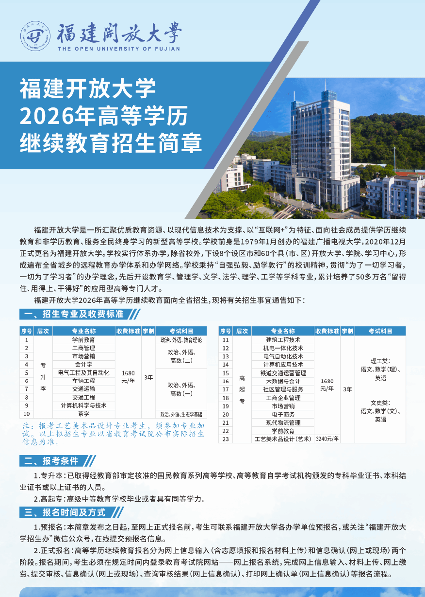 福建開放大學2026年高等學歷繼續教育招生簡章