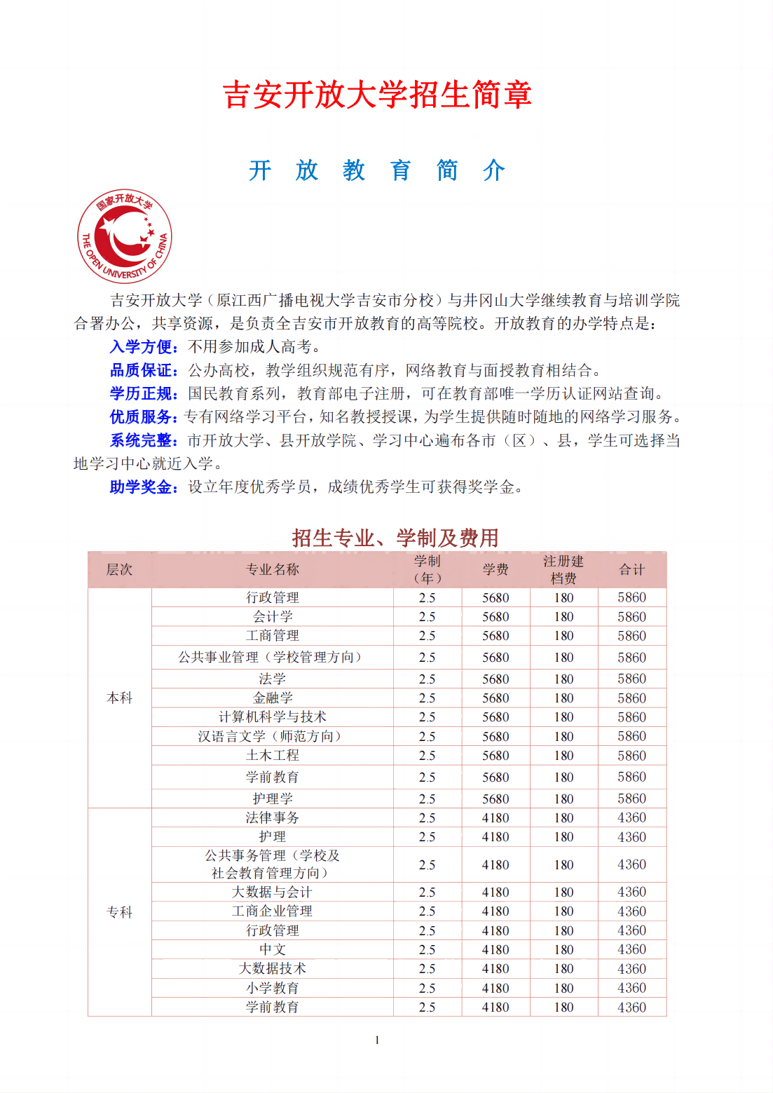 吉安永豐縣開放大學2023年春季開放教育招生簡章