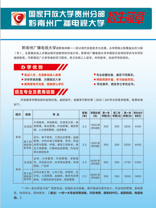 黔南開放大學2020年秋季招生簡章
