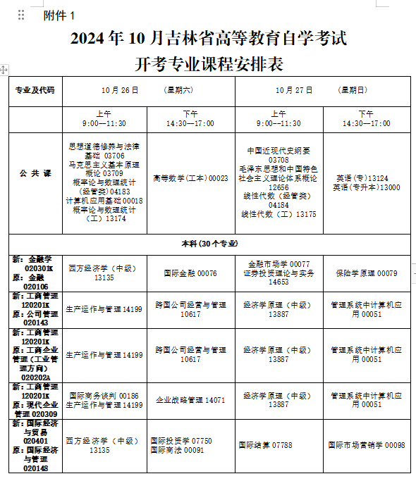 2024年10月吉林省自學考試考試安排 2024年10月吉林省自學考試考試安排