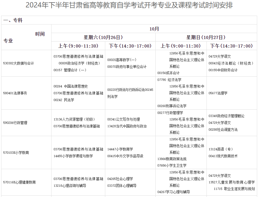 2024年10月甘肅自考考試安排 2024年10月甘肅自考考試安排