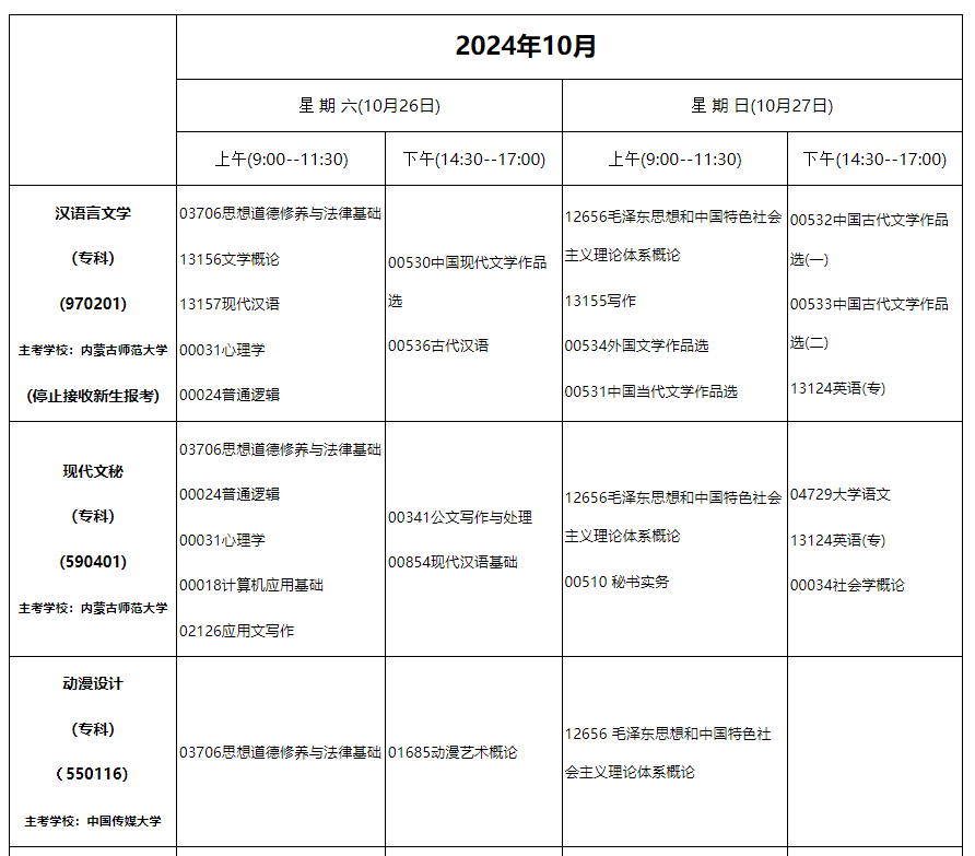 2024年10月內蒙古自治區高等教育自學考試筆試課程考試時間安排表及實踐課考試安排 2024年10月內蒙古自治區高等教育自學考試筆試課程考試時間安排表及實踐課考試安排