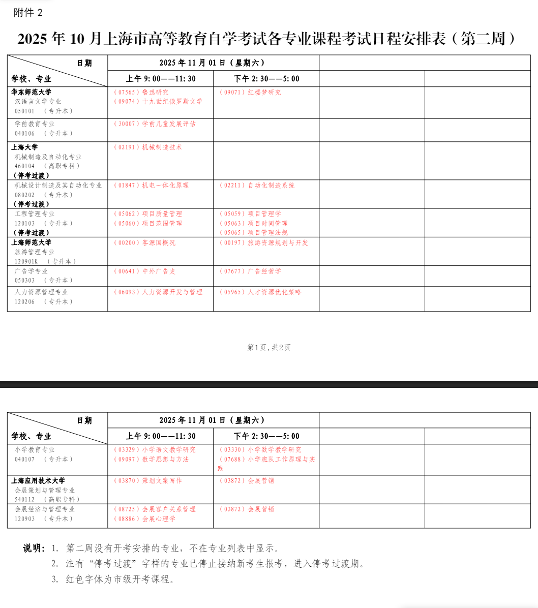 2025年10月上海市青浦區自學考試考試安排