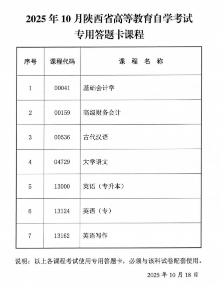 2025年10月陜西省自學考試專用答題卡等課程信息公布 2025年10月陜西省自學考試專用答題卡等課程信息公布