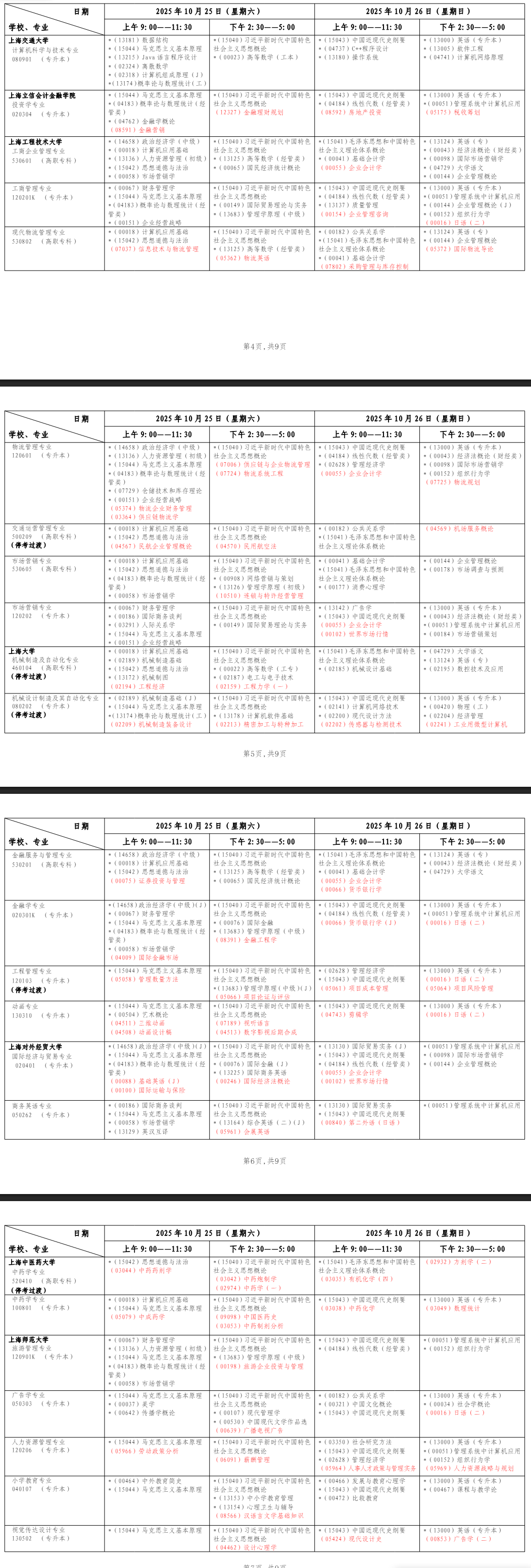 2025年10月上海市青浦區自學考試考試安排