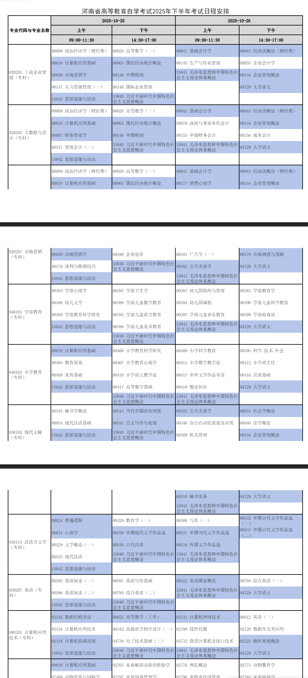 2025年10月河南省自考考試安排