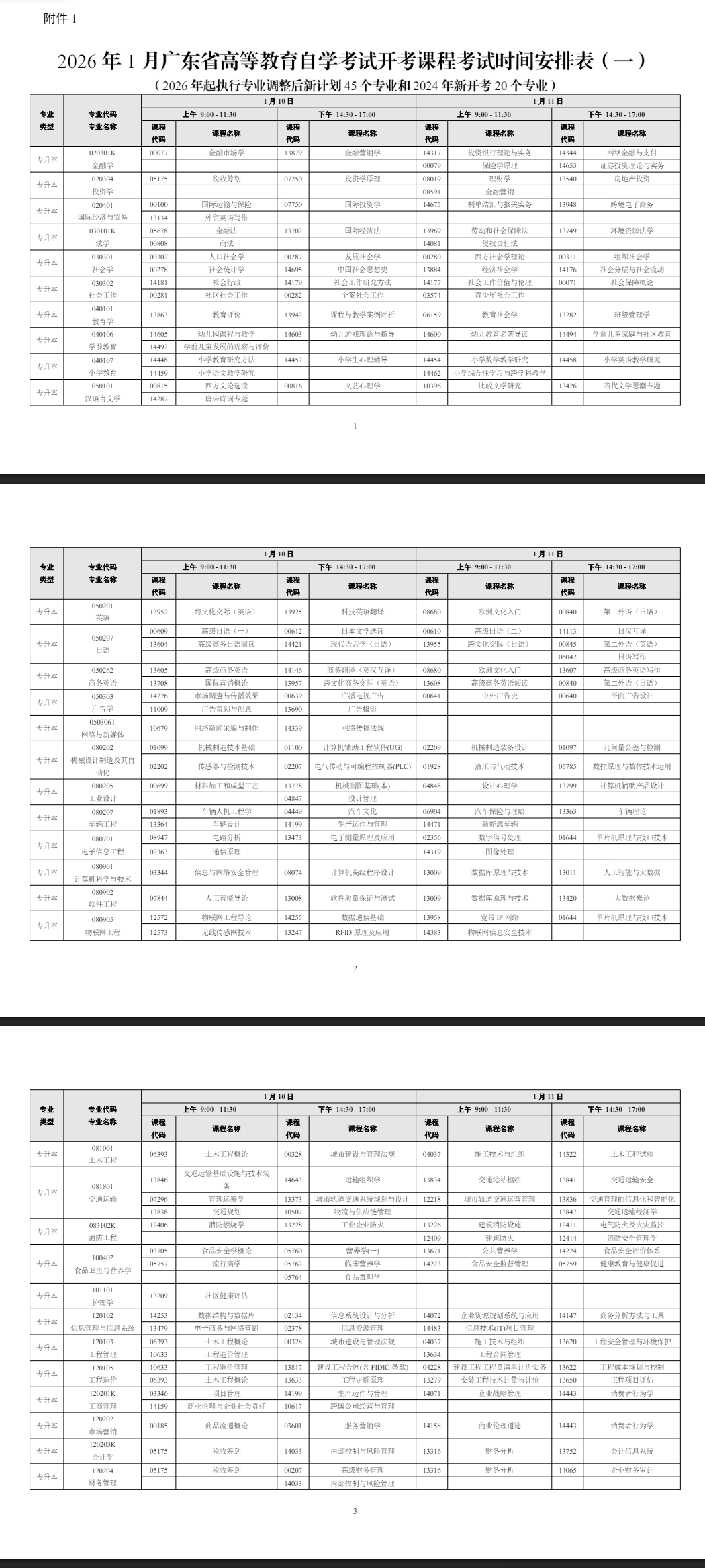 2026年1月廣東省自學考試考試安排