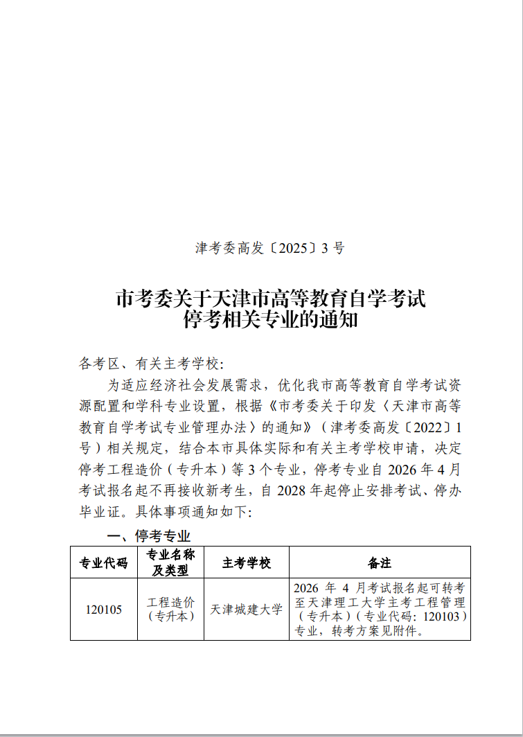 津考委高發〔2025〕3號-市考委關于天津市高等教育自學考試停考相關專業的通知