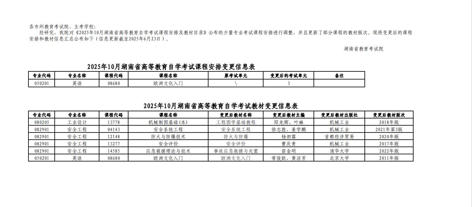 湖南省2025年10月高等教育自學考試課程安排和教材變更匯總表