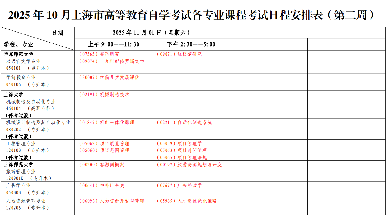 2025年10月上海市自學考試考試安排
