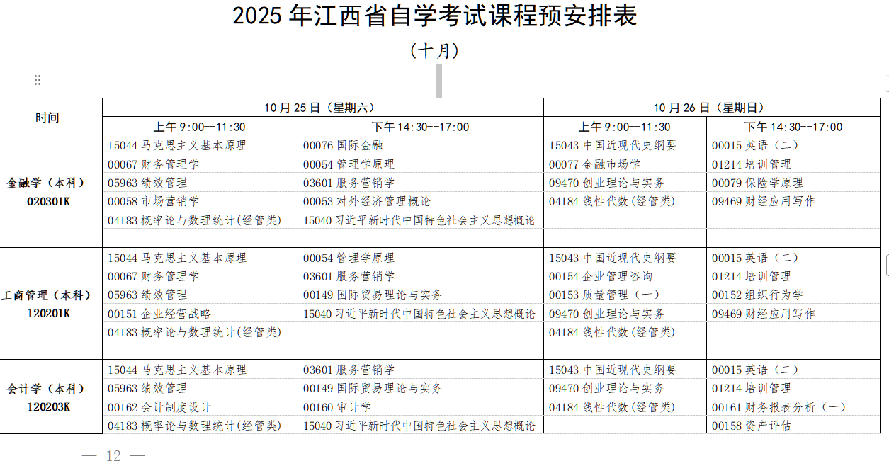 2025年10月江西省自學考試考試安排