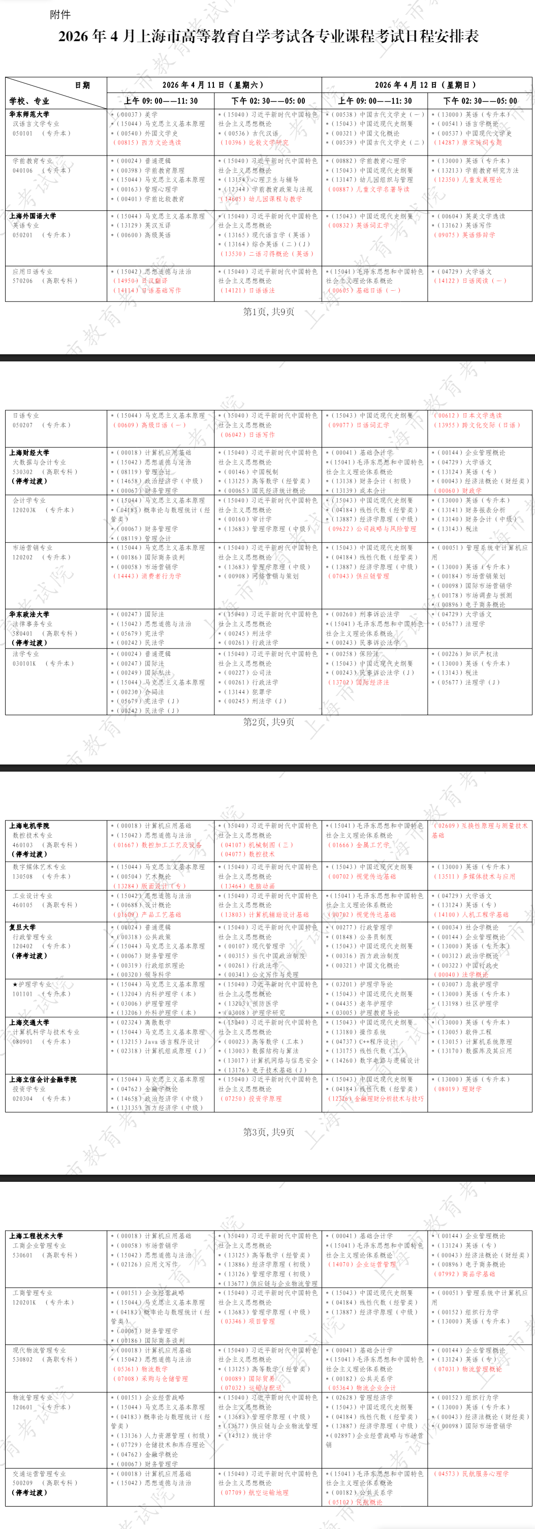 2026年4月上海市浦東新區自考考試安排