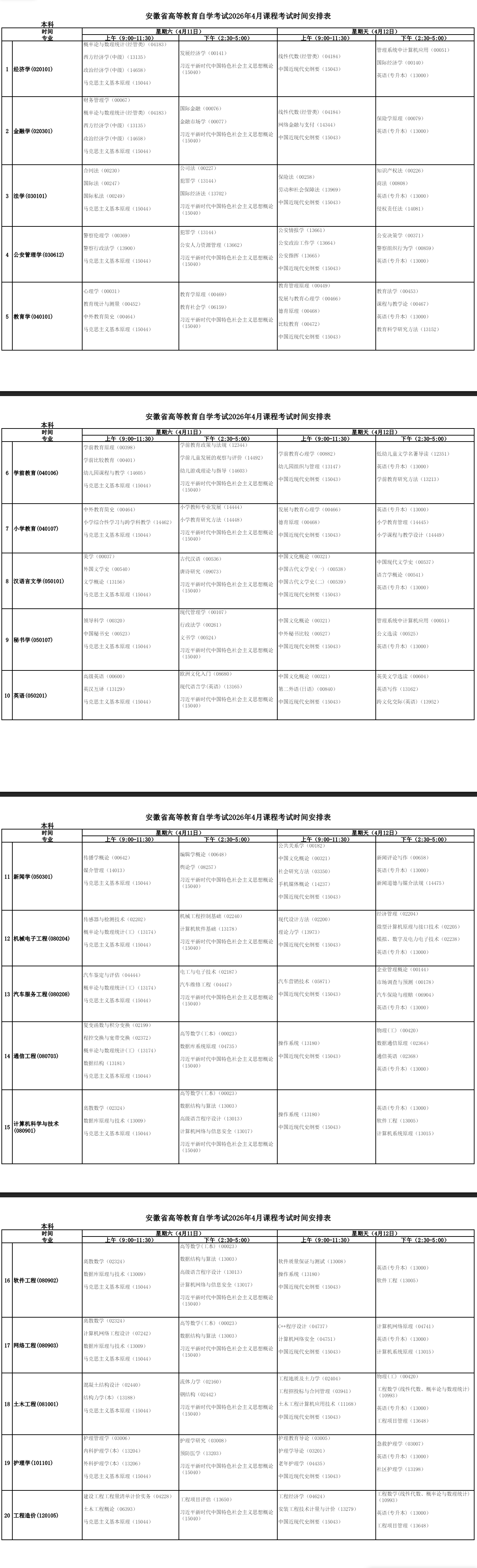 2026年4月安徽省滁州市自考考試安排