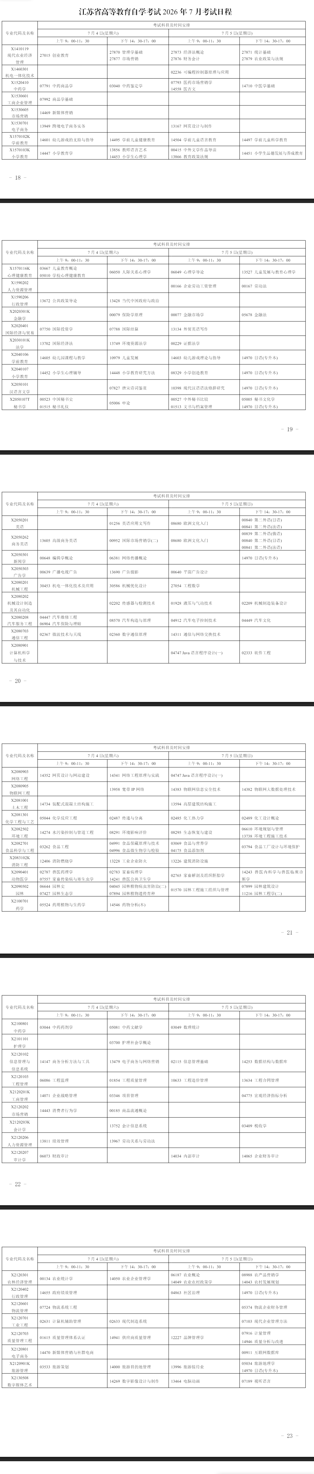 2026年7月江蘇省宿遷市自學考試考試安排